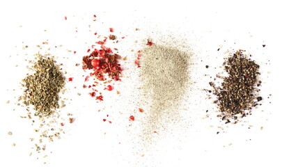 Ground peppercorns mix, milled green, red, white and black pepper piles isolated on white...