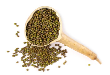 Green mungo beans pile with gourd, calabash spoon isolated on white background, top view