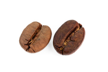 2 coffee beans, roasted dark brown and light brown beans. Different toast beans on white background, top view