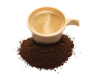 Full plastic cup of espresso coffee with milled coffee powder isolated on white background