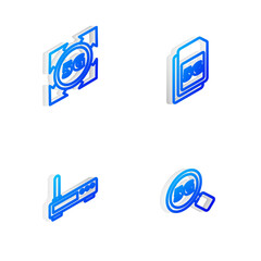 Set Isometric line 5G Sim Card, network, Router and wi-fi signal and Search icon. Vector