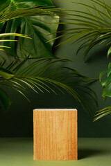 Empty template of podium, green summer tropical background for product presentation, palm and...