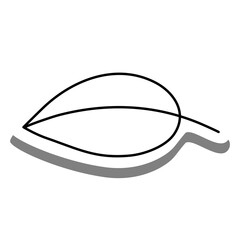 Black line cartoon simple leaf on white silhouette and gray shadow. Icon Emoji for decoration or any design. Vector illustration of nature.