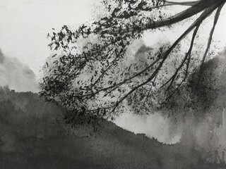 watercolor painting landscape mountain fog and branch asian art styles.	