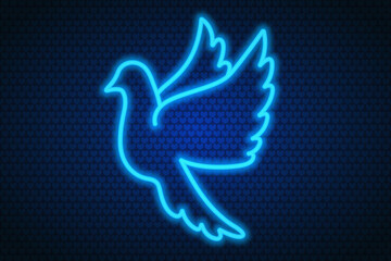 Neon pigeon. The bird flaps its wings. Colored vector illustration. Isolated background of blue hearts. Blue bird. Valentines Day. Symbol of marriage. Neon glow. The dove is a symbol of peace. 