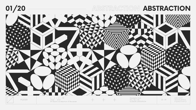 Abstract modern geometric banner with simple shapes in black and white colors, graphic composition design vector background, 3d cubes with different patterns postmodern contemporary art