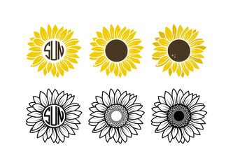 Sunflowers set, Sunflower monogram frame, Yellow sunflower with brown center, Sunflower outline