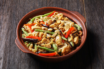 chicken satay rice noodle with veggies, top view