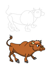 Cute angry brown bull character with a ring in his snout and with sketch lines drawing construction. Isolated on white background. Cartoon style vector illustration.
