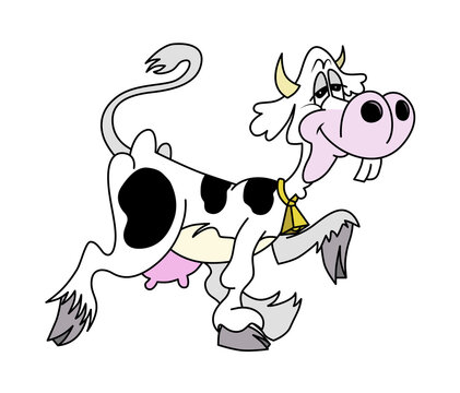 Cute funny happy cow character walking and smiling. Isolated on white background. Cartoon style vector illustration.