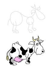 Cute funny cow character smiling with sketch drawing construction. Isolated on white background. Cartoon style vector illustration.
