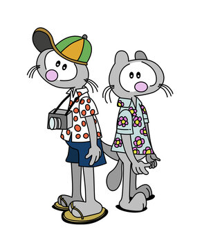 Cute funny gray cats characters standing and dressing as tourists with photograph camera hanging from its neck. Cartoon style vector illustration.
