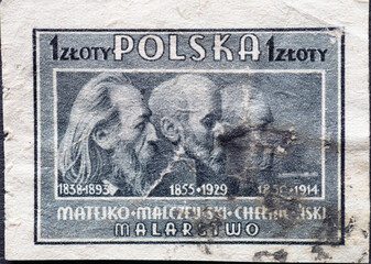 POLAND-CIRCA 1947: A post stamp printed in Poland showing the portraits of the painters Jan Matejko, Jacek Malczewski, and Josef Chelmonski