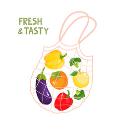 Vector illustration of vegetables and fruits in zero waste string bag