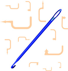 blue knitting needle and curved arrows around 