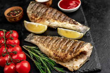 grilled sea bass with spices on a stone background