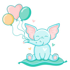 Obraz na płótnie Canvas illustration flat cute elephant with colored balloons on a soft pillow.
