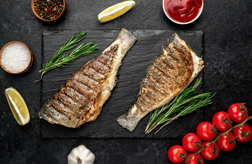 grilled sea bass with spices on a stone background