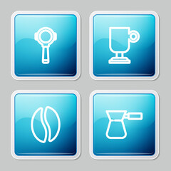 Set line Coffee filter holder, Irish coffee, beans and turk icon. Vector