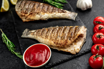 grilled sea bass with spices on a stone background