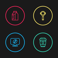 Set line Location with coffee bean, Coffee cup to go, filter holder and Bag beans icon. Vector