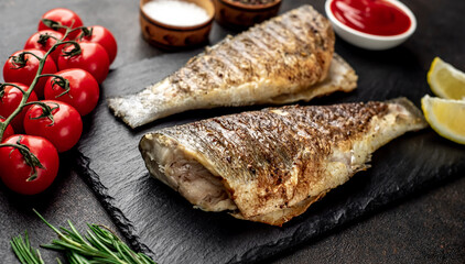 grilled sea bass with spices on a stone background