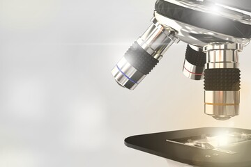 cell analyzing concept, laboratory hi-tech scientific microscope with flare on bokeh background - object 3D illustration