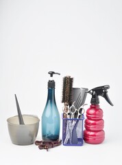 Beauty salon and barber equipment on white background