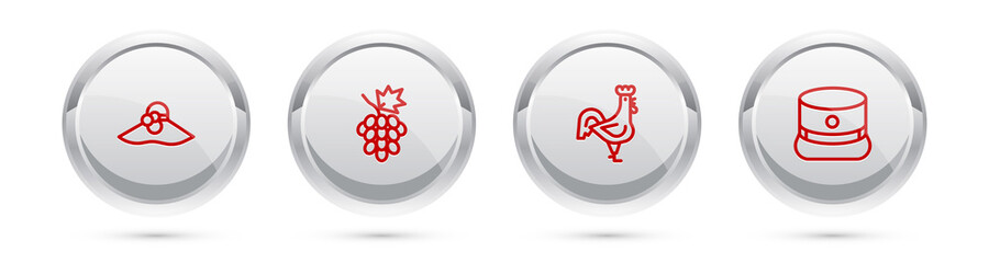 Set line Elegant women hat, Grape fruit, French rooster and Kepi. Silver circle button. Vector