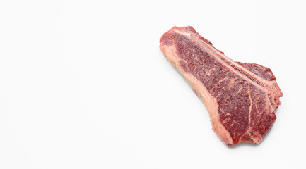 fresh raw piece of beef meat, striploin steakon white background.  Marbled piece of meat New York