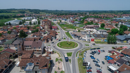 Aerial view of a roundabout in Prnjavor, Bosnia and Herzegovina © Aleksandar Atic/Wirestock