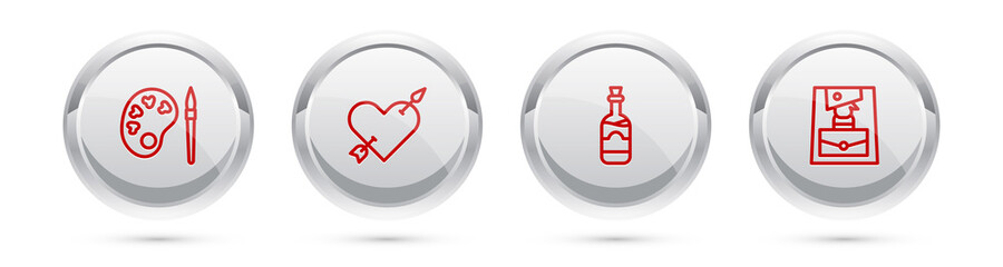 Fototapeta premium Set line Paint brush with palette, Amour heart and arrow, Bottles of wine and Handbag. Silver circle button. Vector