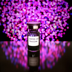 Covid-19 corona vaccine colorful glamour fashion shoot on dark black background. 3d render