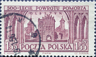 POLAND-CIRCA 1954 : A post stamp printed in Poland showing historical buildings. The 500th Anniversary of the Recovery of Pomerania after the Second Treaty of Torun, Thorn