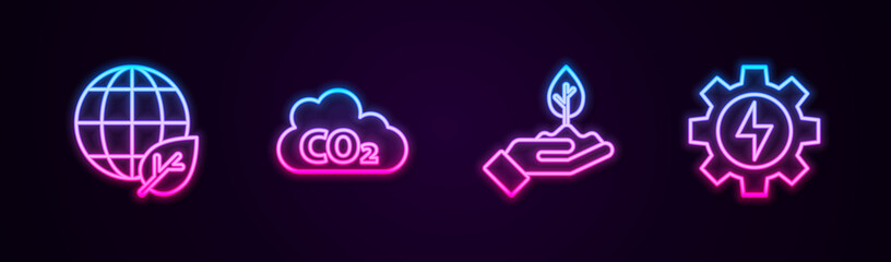 Set line Earth globe and leaf, CO2 emissions in cloud, Plant hand and Gear lightning. Glowing neon icon. Vector