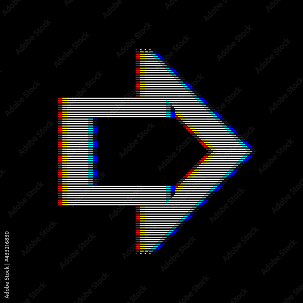 Poster mobilevhs glitch right arrow in retro style. direction pointer with distortion effect. good for desi