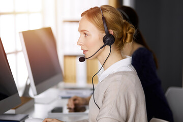 Businesswoman talking by headset while sitting in sunny office. Call center and diverse people group in business