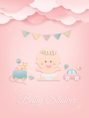 Vector illustration greeting card for baby shower on pink background, cute design Papercraft baby and toys on background, Cute papercraft and paper cut style.