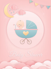 Vector illustration for baby boy shower card on pink background, cute design Papercraft babysitting in Stroller background, Cute papercraft and paper cut style.