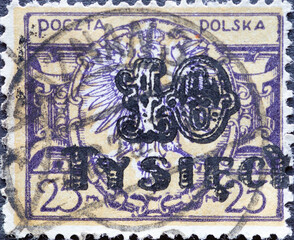 POLAND-CIRCA 1921 : A post stamp printed in Poland showing a Polish Eagle on Large Shield