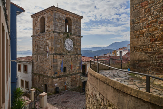 Clock Tower, located in the Asturian town of Lastres (Llastres), in the municipality of Colunga. In Asturias (Asturies).

