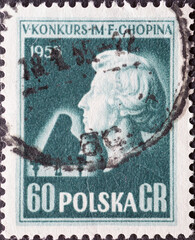 POLAND-CIRCA 1954 : A post stamp printed in Poland showing a portrait of Frédéric Chopin. The 5th International Chopin Piano Playing Competition in Warsaw 1955