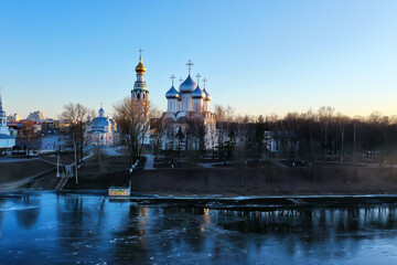 summer landscape in russia sunset, church on the banks of the river christianity orthodoxy