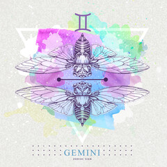 Modern magic witchcraft card with astrology Gemini zodiac sign on artistic watercolor background. Realistic hand drawing butterfly or cicada illustration.