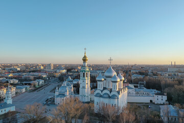 Fototapeta na wymiar spring top view of vologda landscape, church and cathedral, view in russia orthodoxy architecture
