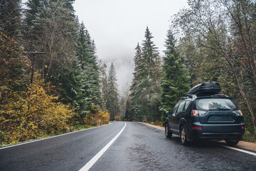 car for traveling. Autumn mountains