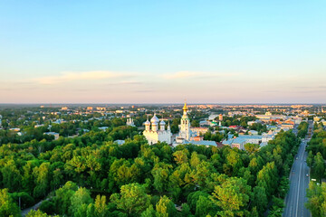 autumn vologda kremlin, drone top view, russia religion christian church
