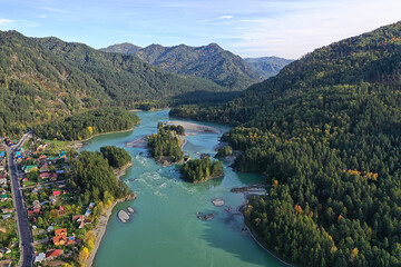 Obraz na płótnie Canvas mountain altai river top view drone, landscape altai tourism top view