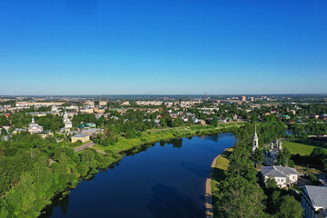 Fototapeta premium vologda view of the city from a drone, buildings architecture, a trip to the province in russia