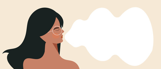 Calm breathing woman with closed eyes Wellness female character practice deep breathing. Young modern girl doing inhale exhale breath exercise for stress relief. Flat vector illustration for banner